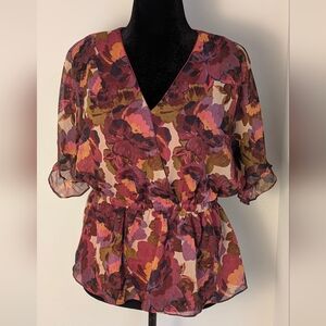 Sofia Jeans by Sofia Vergara Lined Floral Multicolor Crossover Blouse Top Size L